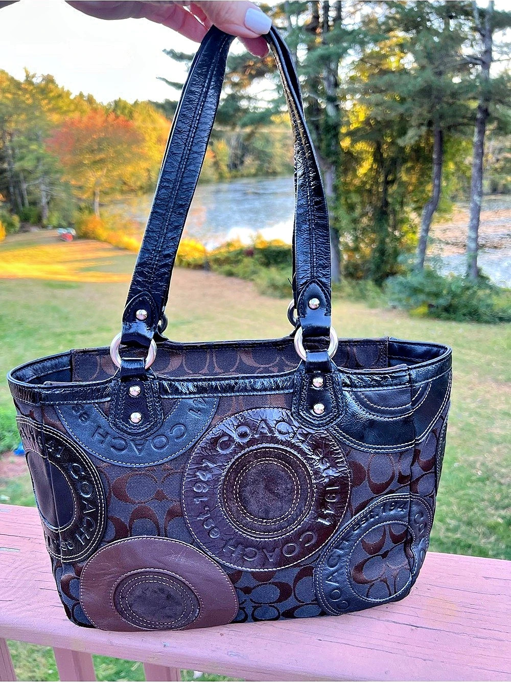Coach Signature C Patchwork Tote Brown & Black Tote/Circle Mosaic/East West